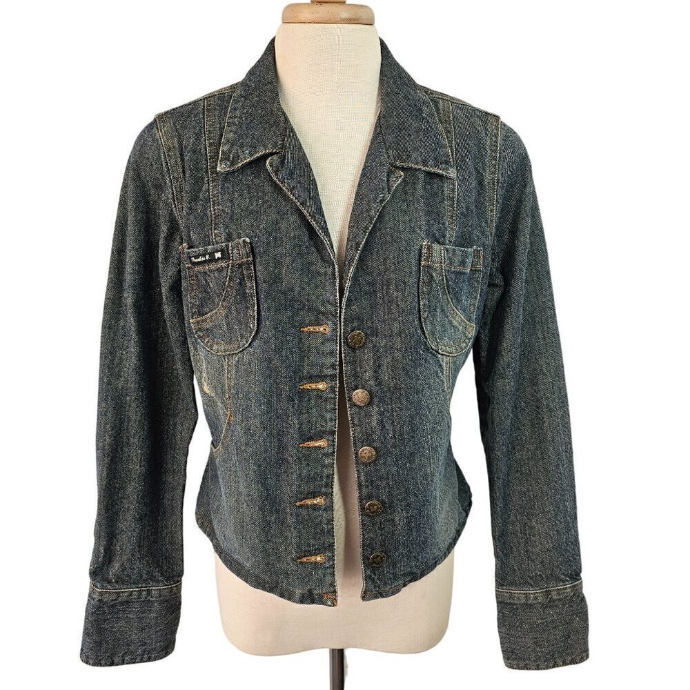 Frankie B Fitted Denim Jeans Jacket Womens M Cotton Collared Button Up Med Wash
